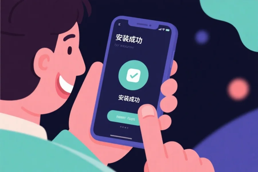 一张风格现代的插画，展示用户在手机上顺利安装娱乐应用，界面显示“安装成功”，用户面带微笑