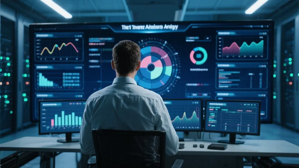 一名工程师在现代化数据中心监控巨大的安全数据面板，屏幕上显示实时威胁分析图表