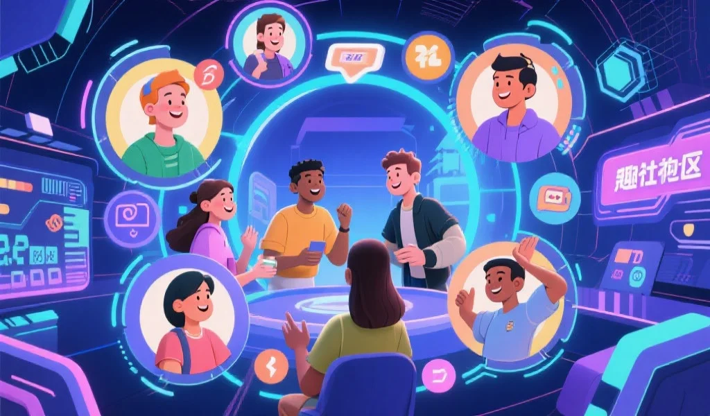 多元化的兴趣圈层，用户在虚拟社区中愉快交流与互动，背景为数字化娱乐元素