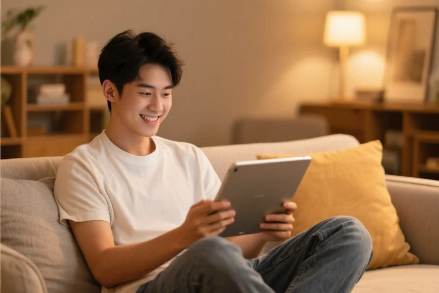 年轻用户在舒适家居环境中使用平板电脑浏览娱乐平台，表情专注愉快，周围环境温馨